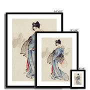 Woman, Full-Length Portrait, Standing, Facing Left, Holding Fan in Right Hand, Wearing Kimono with Check Design Framed & Mounted Print