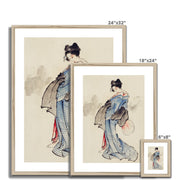 Woman, Full-Length Portrait, Standing, Facing Left, Holding Fan in Right Hand, Wearing Kimono with Check Design Framed & Mounted Print