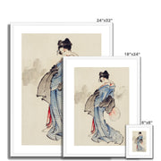 Woman, Full-Length Portrait, Standing, Facing Left, Holding Fan in Right Hand, Wearing Kimono with Check Design Framed & Mounted Print