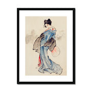 Woman, Full-Length Portrait, Standing, Facing Left, Holding Fan in Right Hand, Wearing Kimono with Check Design Framed & Mounted Print