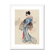 Woman, Full-Length Portrait, Standing, Facing Left, Holding Fan in Right Hand, Wearing Kimono with Check Design Framed & Mounted Print